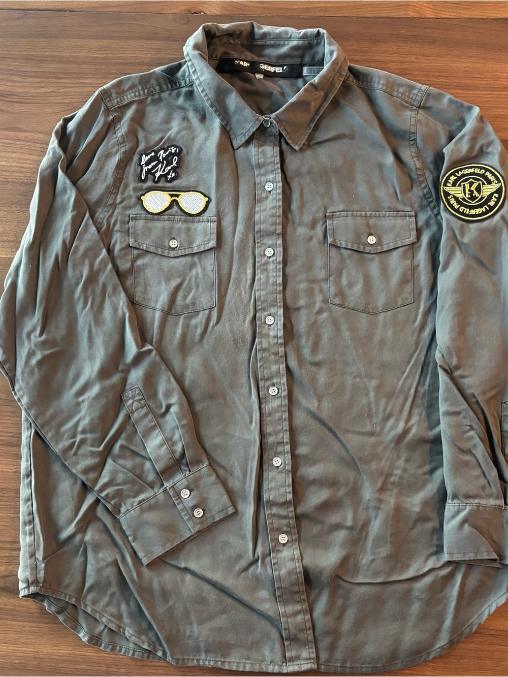 Karl Lagerfeld Olive Green Long-Sleeve Button-Down with Patch Accents